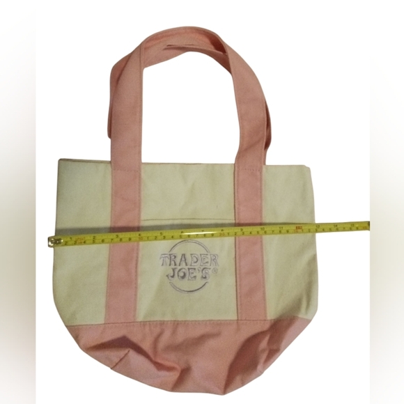 NWOT Trader Joe's Mini Pastel Canvas Tote Bag - Pink w/Lavender Embroidery - Picture 1 of 3